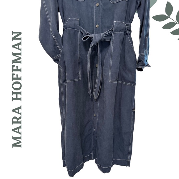Mara Hoffman Navy Juno Midi Dress Button Front Tie Waist Size 2X - Picture 12 of 12